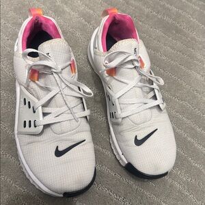 White Nike METCON Sneakers with Black, Pink, and Orange Accents SZ 8